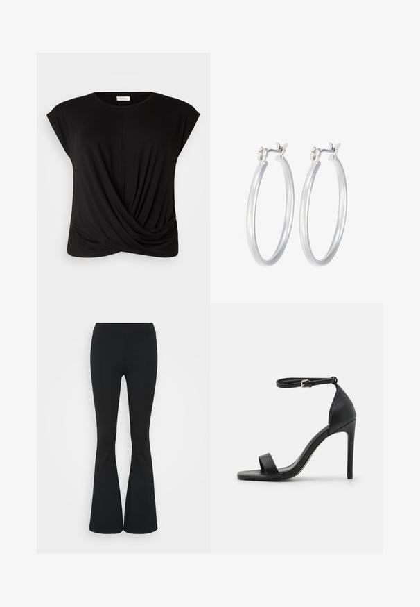 Melnā T-kreklā ir apaļa apkakle, kapuces piedurknes un savīts priekšpuses detaļa, kas piešķir papildu struktūru. Izgatavots no mīksta, elastīga auduma.; Melnas izplešanās bikses, izgatavotas no elastīga auduma, ar augstu vidukli un gludu tekstūru. Bikses izvēršas no ceļa.; Melnas augstpapēžu sandales ar elegantu dizainu, kas satur potītes siksniņu, atvērtu pirkstu daļu un gludu ādas tekstūru.; Sudraba riņķveida auss gredzeni ar gludu, pulētu apdari. Apaļa forma un drošs klikšķa augšējais slēgums. Viegls dizains, kas piemērots ikdienas valkāšanai.