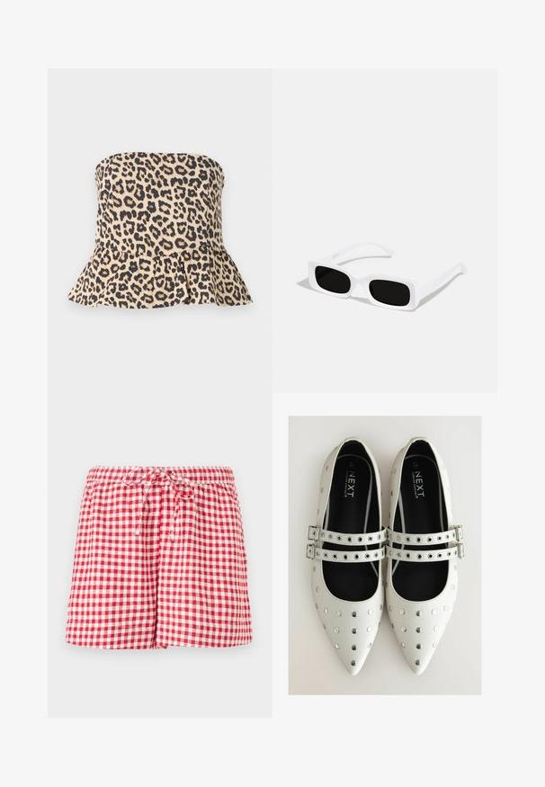 Bezramkowy top w panterkę w kolorze beżowym i czarnym, z rozkloszowanym dołem peplum i gładką teksturą tkaniny.; Czerwono-białe szorty w kratkę vichy z elastycznym pasem i sznurkiem. Posiadają luźny krój i podszyte krawędzie. Materiał wydaje się lekki.; Białe skórzane płaskie buty z wąskimi czubkami, zdobione srebrnymi ćwiekami i dwiema klamrami crossującymi się na wierzchu stopy. Czarna podszewka.; Białe prostokątne okulary przeciwsłoneczne z czarnymi soczewkami, o matowym wykończeniu i gładkiej teksturze. Ramiona są smukłe i lekko wygięte.; Czerwona, błyszcząca skórzana torebka o trójkątnym kształcie, z szerokim otwarciem na górze i pojedynczym, zaokrąglonym uchwytem. Gładka tekstura z minimalnymi detalami przeszyć.
