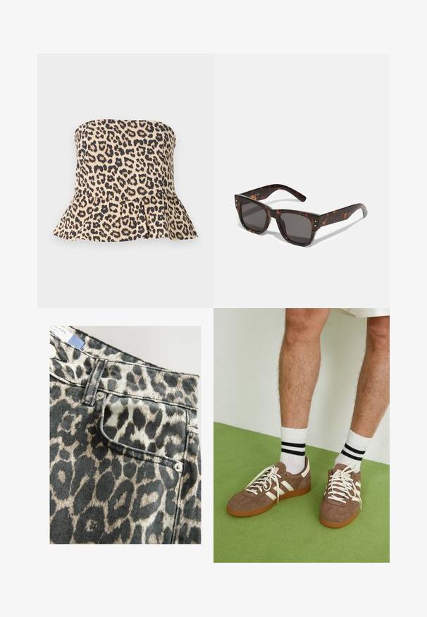 Strapless top met luipaardprint in beige en zwart, met een uitlopende peplumzoom en een soepele stoftextuur.; Leopardprint denimshorts met een gestructureerde taille, voorzak, zwart en beige kleurenschema, afgewerkt met zilveren knopen.; Bruine suède sneakers met witte accenten en veters. Rubberen gumzool. Draag met witte sokken met zwarte strepen. Groene gestructureerde vloer.; Tortoise shell zonnebril met donkere lenzen, vierkant montuur en zilveren accentstuds aan de voorkant. Gemaakt van kunststof, lichtgewicht en duurzaam.; Bruine geweven leren handtas met een slonzig, driehoekig model. Voorzien van een gevlochten handvat en een ritssluiting aan de bovenkant.