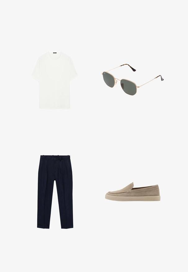 T-shirt bianco a maniche corte realizzato in tessuto morbido. Presenta un classico collo rotondo e una vestibilità dritta, senza motivi o dettagli visibili.; Pantaloni navy realizzati in tessuto liscio, con un fit leggermente sagomato, pieghe frontali, passanti per cintura e chiusura a un bottone.; Scarpe slip-on in suede beige con punta arrotondata, design a profilo basso e finitura testurizzata. Presenta un delicato dettaglio di cucitura lungo la tomaia.; Occhiali da sole con montatura in metallo dorato e lenti verde scuro, stile aviator, con aste sottili e dettagli in tartaruga sulle punte.
