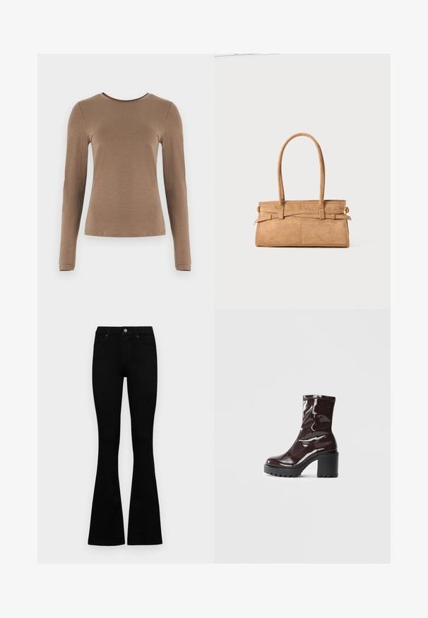 Long-sleeve, round-neck top in a warm brown color, made from a smooth, soft fabric with a slim fit and minimal seams.; Black high-waist jeans with a button and zip closure, front pockets, and flared legs laid flat on a white background.; Glossy burgundy ankle boot with a chunky black heel, featuring a smooth texture and simple design. No visible fastenings or patterns.; Tan suede handbag with two long handles, rectangular shape, and decorative stitching. Features a side strap and subtle gold hardware accents.