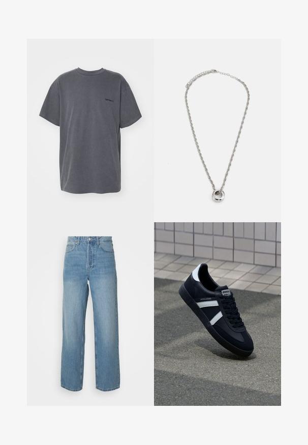 Carhartt WIP DUSTER SCRIPT - T-shirt basique - black; Jeans en denim léger bleu clair taille haute avec des jambes droites, fermeture à bouton à l'avant et style à cinq poches sur fond uni.; Sneaker en cuir noir avec des rayures blanches, semelle en caoutchouc texturée et devant à lacets. Présente une étiquette de marque sur la languette.; Collier en métal ton argent avec un design de chaîne tordue et un pendentif circulaire à la finition polie.
