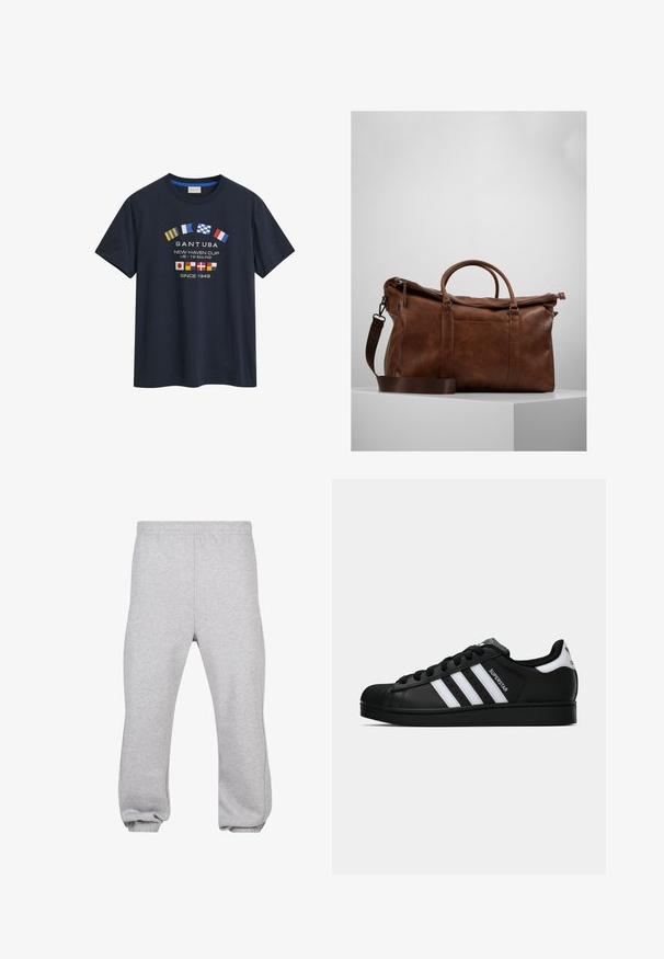 Tumed sinine puuvilla T-särk, millel on ümmargune kaelus ja lühikesed varrukad. Eesmine kujundus sisaldab erinevaid riigilippe ja teksti "GANT USA".; Hallide hallid puuvillasegusest kangast dressipüksid, millel on elastne vöökoht, kitsenevad jalad ja mansetid. Lihtne disain, ilma mustriteta.; Mustad musta värvi Adidas Superstar toss, millel on valged triibud, koonuseline varvas ja küljes "Superstar" tekst, esitatud külgvaates valgel taustal.; Pruunist nahast nädalavahetuse kott, millel on lukuga sulgur, topeltkäepidemed, reguleeritav õlavarre rihm ja nähtavad tekstuurimustrid pinnal.