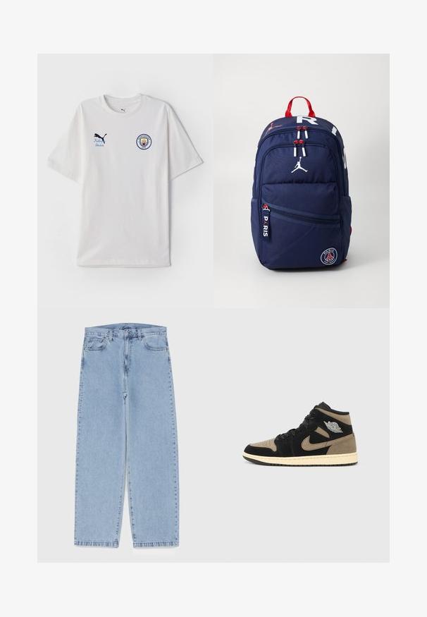 White cotton t-shirt featuring short sleeves, a crew neck, a blue and red Manchester City logo, and a blue Puma logo.; Light blue denim jeans with straight leg design, featuring a mid-rise waist, five pockets, and a button and zipper closure.; High-top sneakers featuring black and tan suede, perforated toe, beige midsole, black laces, and a silver logo on the side.; Navy backpack with red accents, multiple zippered compartments, logo patches, and adjustable straps. Made of durable fabric.