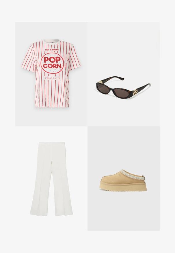 Witte t-shirt met rode verticale strepen, voorzien van een ronde popcornafbeelding met glinsterende rode tekst "POP CORN" en "CRISP TASTE" eronder.; Witte flared broeken met een gladde textuur en strakke lijnen, met een middenhoog tailleband en zonder zichtbare accessoires of patronen.; Tan suède instapschoen met een gevoerd kraagje en een gestructureerde lichtblauwe accent. Voorzien van een dikke, duurzame buitenzool met een patroon in de loop.; Schildpadbril met langwerpige ovale lenzen, bruine tint, gouden logo-accenten op de pootjes en slanke zwarte armen.; Bruine leren handtas met twee stevige handvatten, rechthoekige vorm, gladde textuur en ritssluiting. Minimalistisch ontwerp zonder zichtbare patronen.