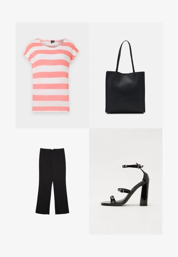 Prúžkované tričko s koralovými a bielymi vodorovnými prúžkami, s okrúhlym výstrihom a krátkymi rukávmi. Vyrobené z ľahkej, textúrovanej tkaniny.; Čierne nohavice so strihom rovného strihu, s prednými vreckami a bočnými rozparkami na leme. Vyrobené z mäkkej, hladkej tkaniny. Vhodné na rôzne príležitosti.; Čierne lakované sandále na podpätku so štvorcovou špičkou, navlečenými remienkami okolo členku a striebornými prackami. Disponujú masívnym blokovým podpätkom pre stabilitu.; Čierna kožená taška na rameno s hladkým povrchom, obdĺžnikovým tvarom a dvoma dlhými uchami. Bez viditeľného kovania alebo ozdôb.