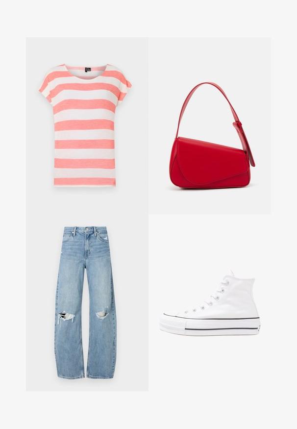 Stripet t-skjorte med korall- og hvite horisontale striper, rund hals og korte ermer. Laget av lett, teksturert stoff.; Lyseblå høytlivsjeans laget av denim. Har vide bein, to revne knær og klassisk fem-lommers design.; Hvit høy-skinn kanvas sneakers med svart gummisåle, gummitåhette foran og seks hull for snorer, med et rent, minimalistisk design.; Rød lærveske med en vinklet, geometrisk design. Har en enkelt justerbar stropp og en klaffelukking med sydd detaljer.