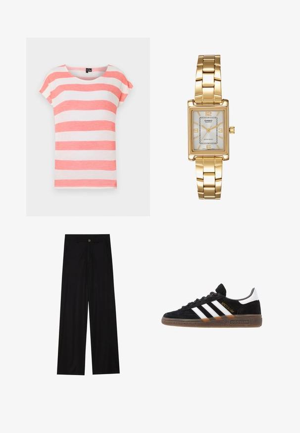 Stripet t-skjorte med korall- og hvite horisontale striper, rund hals og korte ermer. Laget av lett, teksturert stoff.; Bredde ben sorte bukser laget av et glatt stoff, med frontlommer og knappelukking i midjen. Minimalistisk design uten mønstre.; Sorte Adidas sneakers med hvite striper, gull "Spezial" tekst, gummisåle og hvit hælklaff, vist fra profil.; Gullfarget rektangulær klokke med hvit urskive, sølvfargede timeindikatorer og et slitesterkt metallarmbånd. Vanntett funksjon inkludert.