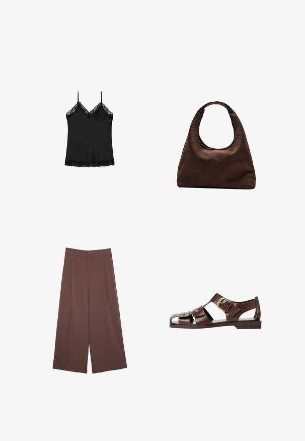 Svart kappa med tunna band, föreskriven med spetsdetaljer längs halsringningen och fållen. Slät tyg med en något glänsande textur.; Bruna vida byxor med en slät textur, som har hög midja och framfickor. Tyget är lätt och flödar löst.; Bruna lädersandaler med utskärning, justerbar sidspänne och platt sula, samt metallaccenter och öppen tå.; Mjuk brun hobo-väskastil med ett brett axelband och en rundad öppning upptill, visad på en vit bakgrund.