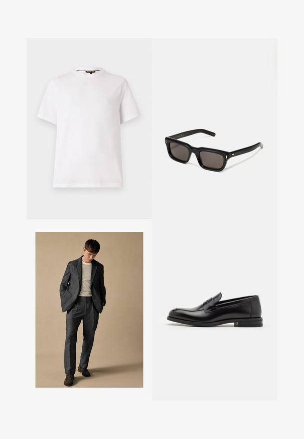 Biele tričko s krátkym rukávom vyrobené z bavlny s okrúhlym výstrihom a malým vyšitým logom "MK" na ľavej hrudi. Hladká textura.; Šedý prispôsobený oblek s klopovými reverzami a prednými vreckami, spárovaný s pruhovanou košeľou. Nohavice majú voľný strih a detail záhybu. Hnedé topánky.; Čierne kožené mokasíny s hladkou textúrou, zaoblenou špičkou a dekoračným pásikom cez priehlavok. Nízky vrstvený opätok, minimalistický dizajn.; Čierne obdĺžnikové slnečné okuliare s tmavými sklami, hrubým plastovým rámom, zlatými detailami na spánkoch a vygravírovaným logom značky na ramene.