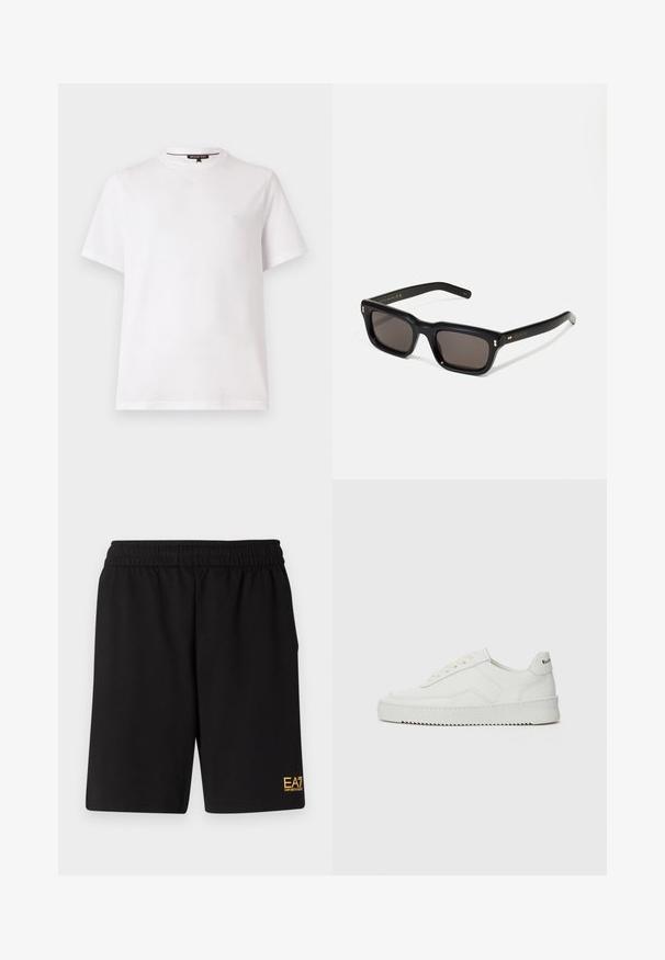 Biele tričko s krátkym rukávom vyrobené z bavlny s okrúhlym výstrihom a malým vyšitým logom "MK" na ľavej hrudi. Hladká textura.; Čierne športové šortky vyrobené z jemného materiálu, s elastickým pásom a malým žltým logom EA7 na dolnej ľavej nohe.; Biele kožené tenisky s hladkým povrchom, okrúly špičkový dizajn, ploché šnúrky a textúrovaná podrážka. Obsahujú jemné logo na päte.; Čierne obdĺžnikové slnečné okuliare s tmavými sklami, hrubým plastovým rámom, zlatými detailami na spánkoch a vygravírovaným logom značky na ramene.