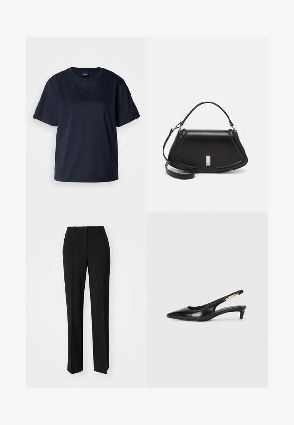 Marinblå t-shirt med kort ärm, tillverkad av mjuk bomull. Har en rundad halsringning och en subtil broderad logotyp på bröstet.; Svarta skräddarsydda byxor med rak benform, med en slät yta och skarpa veck fram. Ingen synlig hårdvara.; Svart läder slingback-hälar med spetsig tå, med en smal klack och en guldtonad detalj på den justerbara remmen. Slät textur.; Svart läderhandväska med en strukturerad design, som har en avskuren form, ett handtag upptill och guldiga detaljer. Justerbar axelrem ingår.