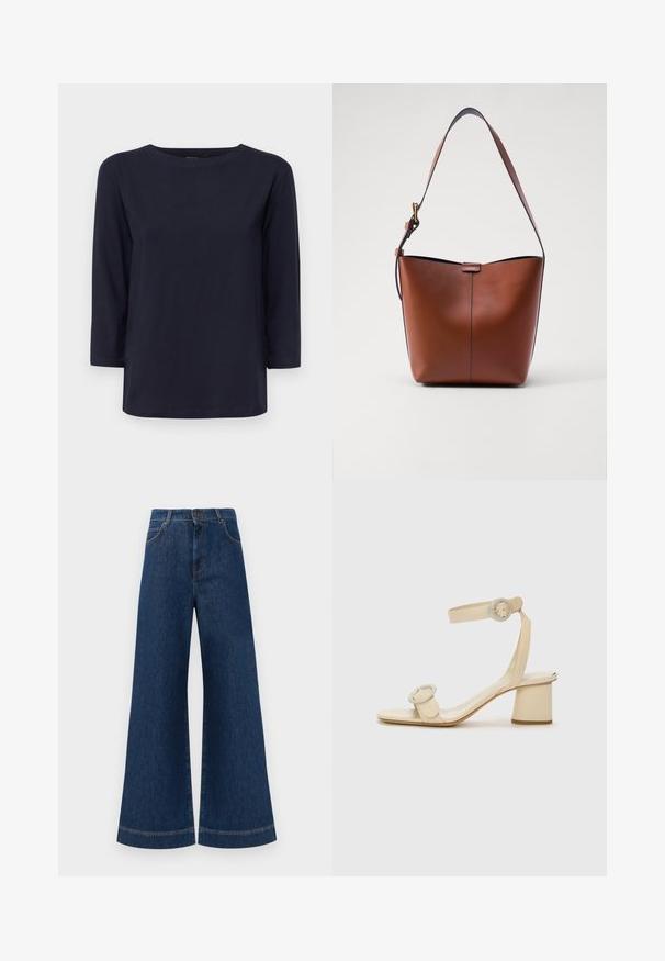 Weekend Max Mara MULTIA - Longsleeve - blu; Brede blauwe denimjeans met een hoge taille, voorzien van een knoopsluiting, riemlussen en subtiele stikdetails langs de zakken en zoom.; Beige hoge hakken sandalen met een minimalistisch ontwerp, voorzien van twee ronde accenten en een chunky hak. Gemaakt van soepel leer.; Bruine leren schoudertas met een gebogen vorm, gladde textuur en een enkele dunne schouderband. Heeft een subtiele naad en een klein logo-detail.