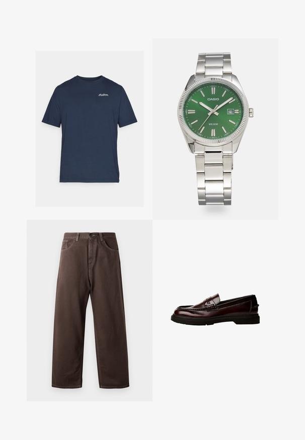 Námornícky modré bavlnené tričko s krátkymi rukávmi. Má malé biele vyšívané logo na ľavej oblasti hrude. Okrúhly výstrih.; Hnedé nohavice so širokým strihom vyrobené z bavlny, ktoré majú klasický dizajn s piatimi vreckami, zips a viditeľné švy.; Hnedé kožené poltopánky s okrúhlou špičkou, detailným prešívaním a gumovou podrážkou. Obsahuje dekoratívny pásik, hladký povrch.; Strieborné nerezové hodinky s okrúhlym zeleným ciferníkom, striebornými znakmi hodín, zobrazením dátumu a kovovým náramkom. Vodotesné do 50 metrov.