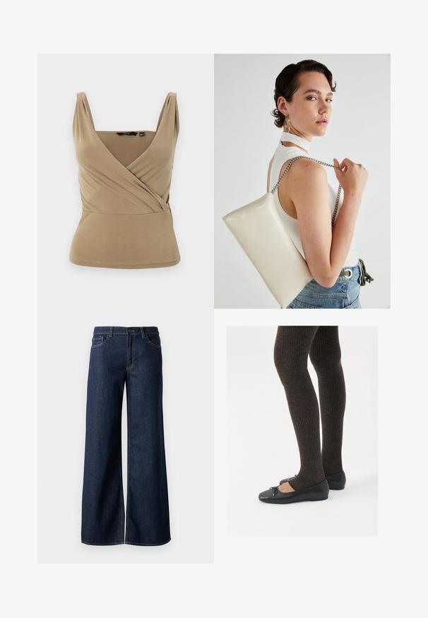 Bēša bez piedurknēm topiņš ar dziļu V veida dekoltē un jostu dizainu. Izgatavots no gludas auduma ar vieglām piegriezuma krokām plecos un pieguļošu jostu.; Platas kājas džinsi tumši zilā denima krāsā. Iespējas ir kontrastējošās vīles, piecas kabatas un pogu aizdare jostasvietā. Gluda tekstūra.; Melnas plakano formas kurpes ar mazu loku uz pirksta, apvienotas ar tumši brūnām ribotām zeķubiksēm. Kurpēm ir gluda tekstūra un zems profils.; Balts taisnstūra clutch soma, izgatavota no spīdīga materiāla, ar sudraba ķēdes siksnu. Modelis pozē, demonstrējot somu uz vienkārša fona.