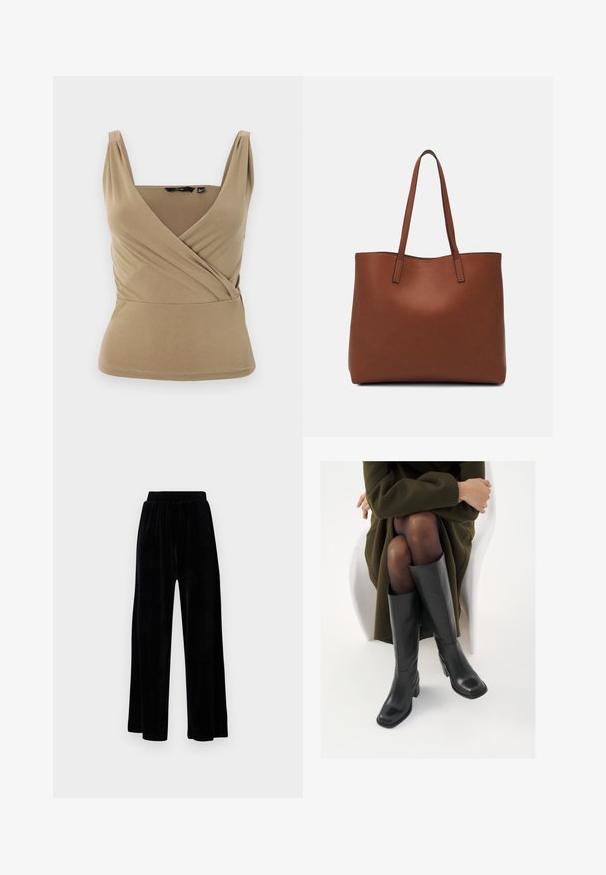 Beige ermeløs topp med dyp V-hals og omslagsdesign. Laget av glatt stoff med subtile plisseringer ved skuldrene og tettsittende midje.; Sorte vide bukser laget av myk vernet, med elastisk midjebånd og en jevn tekstur, uten synlige detaljer eller mønstre.; Knæhøye sorte lærstøvler med firkantet tå og blokkhelt, vist med en modell som sitter iført en olivengrønn kåpe. Glatt tekstur, minimal detaljering.; Brun lær tote veske med en jevn tekstur, åpen toppdesign og to skulderstropper. Har minimal søm og ingen synlige spiker.