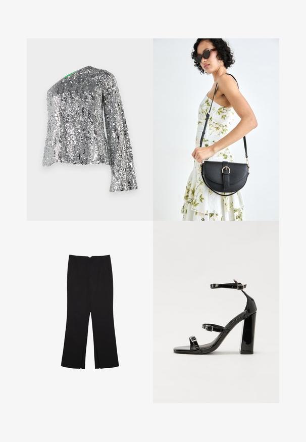 Stříbrný top s dlouhým rukávem pokrytý flitry a diagonálním výstřihem z texturované tkaniny. Obsahuje reflexní flitry po celém povrchu, což vytváří třpytivý efekt.; Černé kalhoty s rovným střihem, s předními kapsami a bočními rozparky na lemu. Vyrobené z jemné, hladké tkaniny. Vhodné na různé příležitosti.; Černé lakované sandály na podpatku se čtveratou špičkou, lýtkovými pásky a stříbrnými přezkami. Disponují masivním blokovým podpatkem pro stabilitu.; Černá kožená kabelka s křivkovým tvarem, odnímatelným popruhem a zlatými detaily. Kabelka má klopu s přezkou.