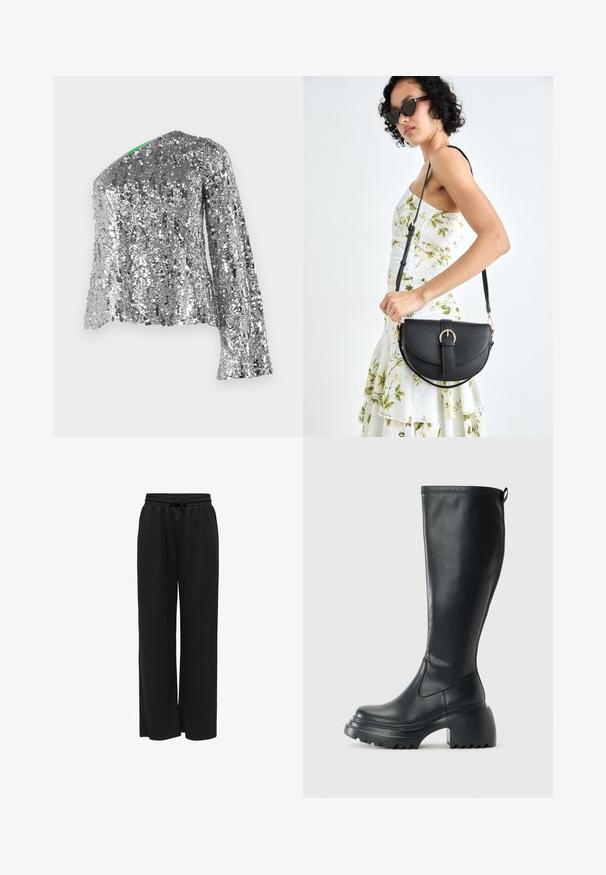 Sequined silver long-sleeve top with a diagonal neckline and textured fabric. Features reflective sequins throughout, creating a shimmering effect.; Black wide-leg pants made from soft fabric, featuring a stretchy waistband with a drawstring for adjustable fit. No patterns or accents.; Tall black leather boot with chunky platform sole and block heel, featuring pull tab and textured tread on outsole.; Black leather handbag with a curved shape, detachable strap, and gold hardware. The bag features a flap with a buckle detail.