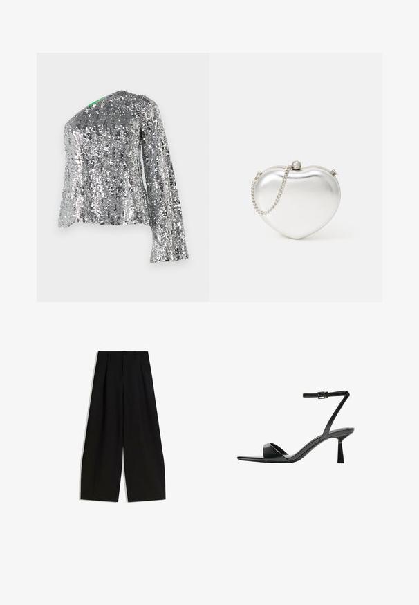 Zilveren top met lange mouwen, bezet met pailletten, met een diagonale halslijn en textuurstof. Beschikt over reflecterende pailletten die een glinsterend effect creëren.; Zwarte wijde pijpen broek van gladde stof, met een hoge taille, plooien aan de voorkant en geen zichtbare versieringen of patronen.; Bershka Sandalen met hoge hak - black; Hartvormige metalen zilveren clutch met een gladde textuur, sluiting met haak en een zilveren kettingband.