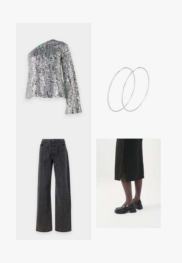 Top lungo a maniche con paillettes argentate, dotato di scollatura diagonale e tessuto testurizzato. Presenta paillettes riflettenti in tutto il capo, creando un effetto scintillante.; Noisy May NMJANNEL LOOSE - Jeans baggy - black denim; Scarpe in pelle nera con punta arrotondata, tacco spesso a blocco e accenti laterali in elastico, abbinate a collant scuri e una gonna nera con uno spacco.; Orecchini a cerchio in argento con un design minimalista. Forma circolare, superficie liscia e profilo sottile. Leggeri con una finitura lucida.