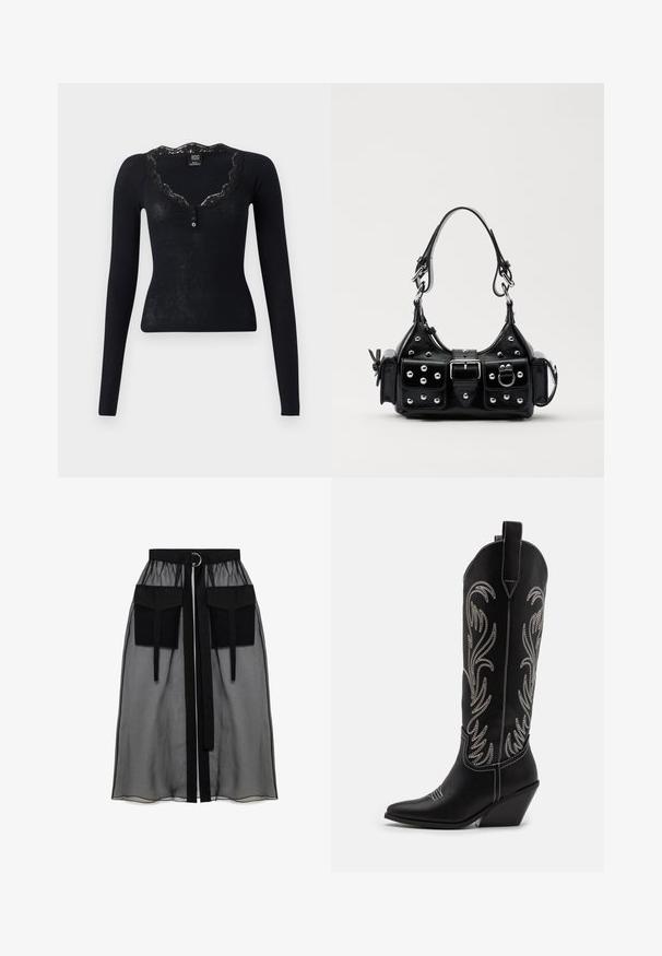 BDG Urban Outfitters DIANA - Pikkade varrukatega topp - black; Must mustriga seelik, millel on kogutud vöökoht, kaks suurt esitaskut, vöötie ja ringikujuline metallaktsent.; Mustad mustad nahast cowboy saapad terava ninaga, vööndkanna ja hõbedaste tikanditega lillemustritega varred. Kontrastõmblused üle kogu.; Must värvi nahast käekott, millel on kaarjas disain, hõbedased nupukesed, kinnitusahe ja kaks külgtaskut. Reguleeritav rihm erinevate kandmisvõimaluste jaoks.