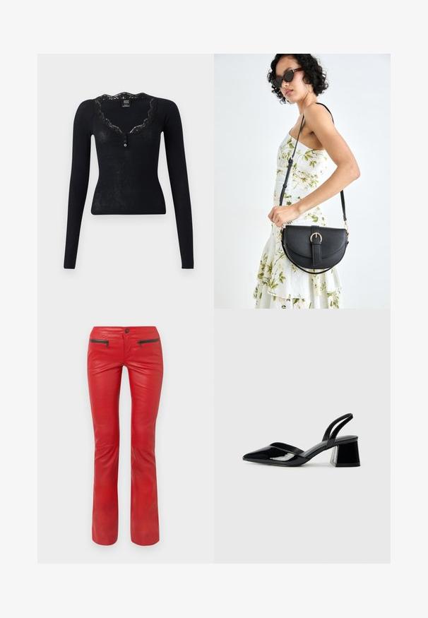 BDG Urban Outfitters DIANA - Ilgarankovis viršutinės dalies drabužis - black; Raudoni odiniai kelnės su tekstūruotu paviršiumi, turinčios du užtrauktukais uždaromus priekinio kišenes ir prigludusį dizainą, kuris lengvai išsiplečia ties kulkšnimis.; Juodos lakuotos odinės šlepetės su smailiu pirštu ir geometriniu bloko kulnu. Turi elegantišką, minimalistinį dizainą ir lygų paviršių.; Juodas odinis krepšys su išlenkta forma, nuimamu dirželiu ir auksiniais detalėmis. Krepšys turi kilpą su sagtimi.