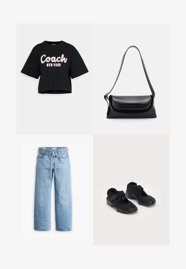 Musta lühike T-särk, mis on valmistatud puuvillast, esiküljel on suur valge "Coach New York" tekst ning lühikesed varrukad. Sujuv tekstuur.; Heledad sinised laiad püksid kõrge vöökohaga, nupukese ja tõmbluku sulgemisega ning nööridega detailiga vöökoht. Tooriku serv.; Mustad mustad veega tehtud mustad veeketsid, millel on paindlik kangas, Velcro rihm ning ainulaadne jagatud sõrmikute disain ja tekstureeritud kummist tald, mis tagab haarduvuse.; Mustriga musta nahast käekott, millel on struktuurne kuju, sile tekstuur ja üks õlarihm. Omab peent, ümarat klappi.