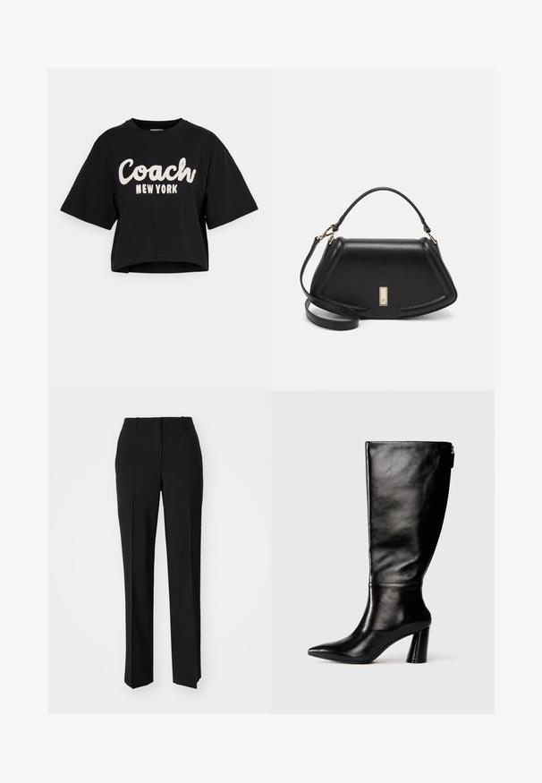 Musta lühike T-särk, mis on valmistatud puuvillast, esiküljel on suur valge "Coach New York" tekst ning lühikesed varrukad. Sujuv tekstuur.; Mustad ja sirged püksid, millel on sile tekstuur ja teravad voldid esiosas. Ilma nähtavate detailideta.; Knee-high musta nahksaabas terava nina, siledat pinnad ja paks konts. Tagaküljel on tõmblukk.; Must mustrist käekott, millel on struktureeritud disain, lühendatud kuju, ülemine käepide ja kuldne metallist detail. Reguleeritav õlalihm on kaasas.