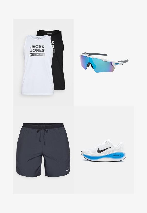 Két db ujjatlan top szett fekete és fehér színben. Anyaga sima pamut. Az elején a "JACK & JONES PERFORMANCE" felirat található vastag fekete betűkkel.; Sötétszürke Nike futóshorts, elasztikus derékkal és húzózsinórral, az alsó jobb lábszáron ezüst színű logóval.; Fehér sportcipő textúrázott felsőrésszel, fekete Nike logóval és kék ZoomX középtalppal. Jellemzője a lekerekített orr és a mintás talp.; Fehér keretű napszemüveg, szürke díszítéssel és kék tükörlencsékkel. Sportos dizájn, körbeölelő forma és állítható orrtámasz.
