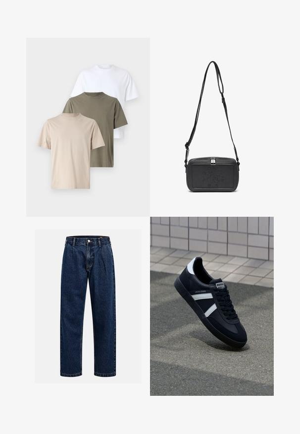 Set of three T-shirts: light beige, olive green, and white. Each has a round neck and short sleeves, made of soft cotton fabric.; Dark blue denim jeans with a straight-leg design. Features visible stitching, a button closure, and front pleats for added detail.; Black leather sneaker with white stripes, textured rubber sole, and lace-up front. Features a branded label on the tongue.; Black leather crossbody bag with a zip closure, embossed logo on the front, and adjustable strap. Smooth texture with a rectangular shape.
