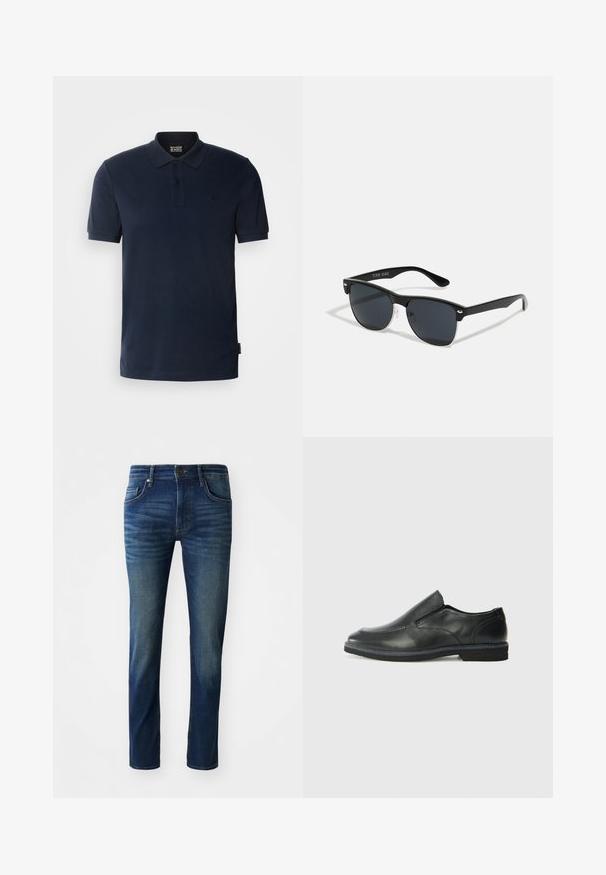 Tamsiai mėlynas polo marškinėlis, pagamintas iš medvilnės, su klasikiniu apykakle, trimis mygtukais, trumpomis rankovėmis ir maža logotipu kairėje krūtinės pusėje.; Tamsiai mėlyni džinsai su siauru siluetu, turintys penkias kišenes, priekinį užsegimą mygtuku ir subtilų išblukimą ant kojų.; Juodai odiniai įtvirtinimo batai su lygiu paviršiumi, siuvinėjimo akcentais, apvalia nosimi ir žemu guminiu kulnu. Pado raštas minimalus.; Juodos saulės akinių su stačiakampiu rėmeliu, tamsiais lęšiais, sidabrinėmis detalėmis šventrajose ir matinio paviršiaus rėmeliu.