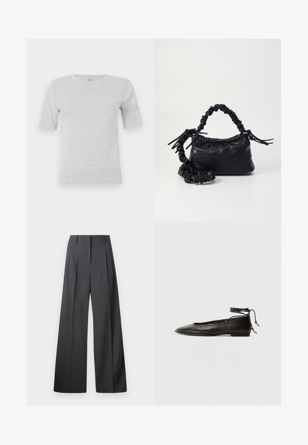Szürke, rövid ujjú póló, puha pamut keverékből készült, kerek nyakkivágással és minimális varrási részletekkel. A logó a nyaknál található.; Széles szárú nadrág sötétszürke anyagból, magas derekú, egyes redőkkel, sima textúrával és tiszta befejezéssel a szegélyeken.; Fekete bőr balettcipők hegyes orral, bokakötővel és lapos talppal, sima textúrával és minimalista dizájnnal.; Fekete műbőr kézi táska krokodil bőr textúrával, összehúzható tetejű és gyűrt pánttal. Lágy és kompakt dizájnúnak tűnik.