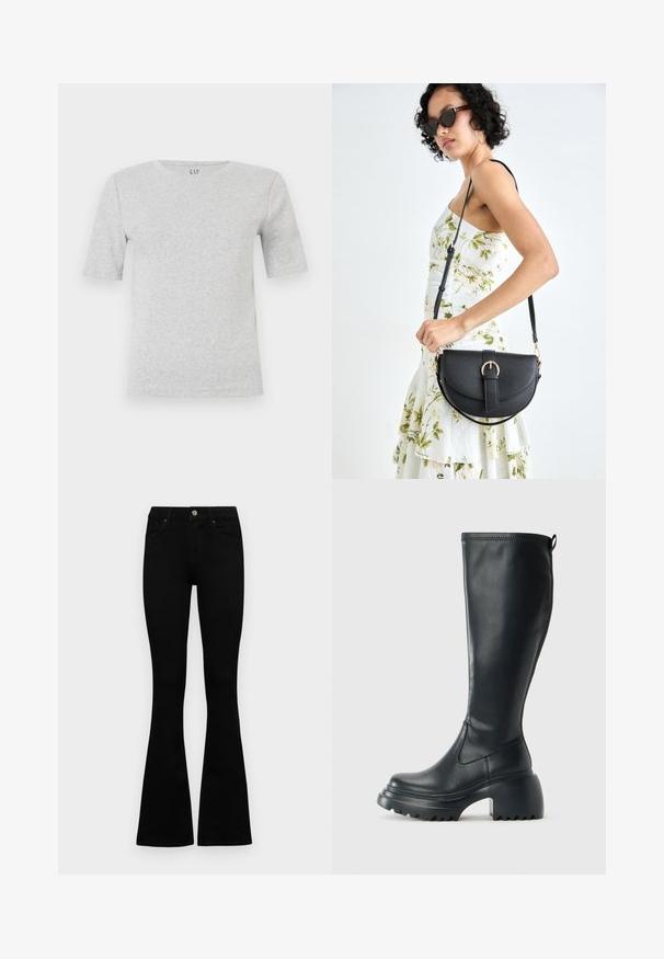 Gray short-sleeved t-shirt made of soft cotton blend, featuring a crew neckline and minimal stitching details. Logo displayed at the neck.; Black high-waist jeans with a button and zip closure, front pockets, and flared legs laid flat on a white background.; Tall black leather boot with chunky platform sole and block heel, featuring pull tab and textured tread on outsole.; Black leather handbag with a curved shape, detachable strap, and gold hardware. The bag features a flap with a buckle detail.