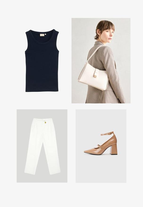 TOM TAILOR MIT STRUKTUR - Top - sky captain blue; Pantalones blancos de pierna ancha hechos de una tela suave. Presenta un cierre con un solo botón amarillo y un diseño con pliegues en la parte delantera. Sin bolsillos visibles.; Zapatos de tacón alto de charol color beige con punta afilada, correa en el tobillo y un tacón cuadrado y grueso. Textura suave con acabado brillante.; Bolso de mano de cuero blanco con un diseño estructurado, que presenta un cierre magnético y una correa para el hombro, exhibido sobre un fondo neutro.