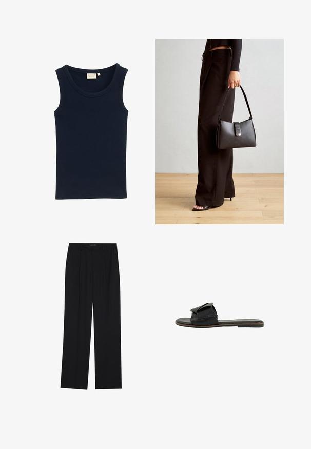 TOM TAILOR MIT STRUKTUR - Top - sky captain blue; Black trousers with a straight-leg design, featuring two front pockets and a waistband. Made from a smooth, lightweight fabric.; Black leather slide sandal featuring a wide strap with folded detail, open toe design, flat sole, and stitched accents.; Black handbag with structured shape, smooth texture, and a metallic clasp. Paired with wide black pants and open-toe sandals on wooden floor.