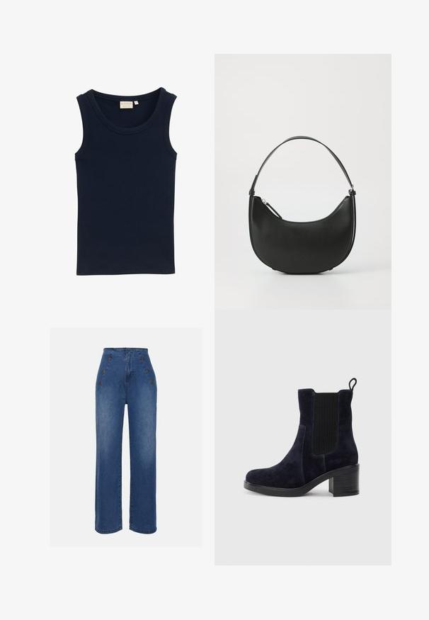 TOM TAILOR MIT STRUKTUR - Débardeur - sky captain blue; Jeans en denim taille haute de couleur bleu moyen. Ils présentent des accents de boutons à l'avant et un design à jambes larges. Le tissu a une texture lisse avec un léger délavage.; Bottines en suede bleu marine avec panneau latéral élastique, bout rond et talon carré. Le tissu texturé et la semelle lisse ajoutent du contraste.; Sac à épaule noir en cuir, de forme courbée, avec une poignée mince et une fermeture zippée. Il présente une texture lisse et un détail de logo subtil.