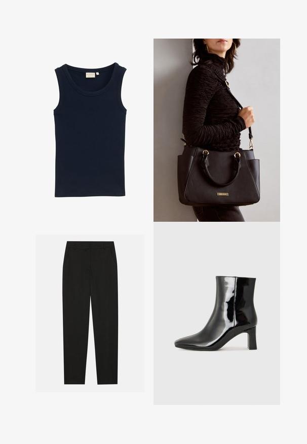 TOM TAILOR MIT STRUKTUR - Top - sky captain blue; Schwarze Hosen mit taillierter Passform, ausgestattet mit seitlichen Taschen und geradem Bein. Hergestellt aus glattem, leichtem Stoff mit einem eleganten Finish.; Schwarzer Lackleder-Stiefelette mit spitzer Zehe und einem mittelhohen Blockabsatz. Glatte Textur und minimalistisches Design.; Schwarze Handtasche mit strukturierten Oberflächen, doppelten Obergriffen und verstellbarem Schultergurt. Mit goldfarbener Hardware und Seitentaschen.