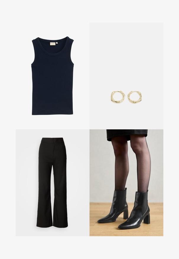 TOM TAILOR MIT STRUKTUR - Top - sky captain blue; Črne široke hlače z gladko teksturo, visokim pasom in čistim dizajnom. Brez vidnih žepov ali okrasnih elementov.; Črne usnjene gležnjarje s koničastim nosom, masivnim kvadratnim petam in sleek oblikovanjem. Imajo elastične stranske panele za enostavno obuvanje.; Zlate obročaste uhane z teksturirano, nepravilno obliko. Imajo brezšivno zapiranje in poliširano površinsko obdelavo, kar poudarja sodoben dizajn.