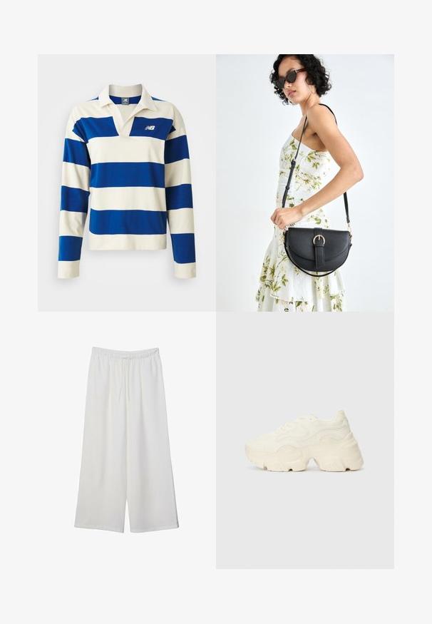 Duggač s dugim rukavima u plavim i bijelim širokim horizontalnim prugama s ovratnikom, s bijelim logotipom New Balance na prsima.; Bijele hlače širokog kroja izrađene od lagane tkanine, s elastičnim pojasom i vezicom za prilagodljivu veličinu. Glatka tekstura.; Masivne bijele tenisice od teksturirane mreže i sintetičkih materijala, sa debelim potplatom i složenim uzorcima duž strana.; Crna kožna torba s lukovitim oblikom, odvojivim remenom i zlatnim detaljima. Torba ima preklop s kopčom.