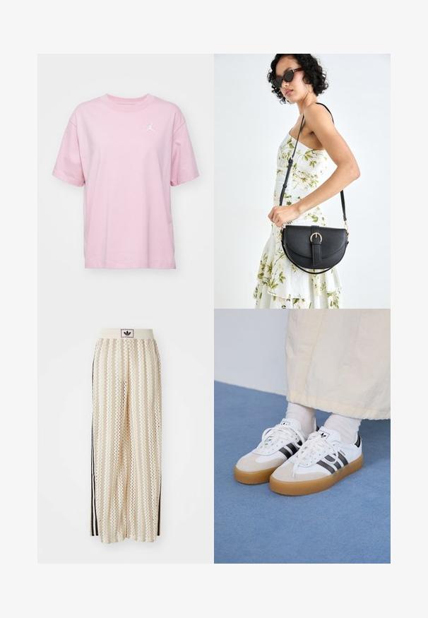 Jordan TEE CORE 23 - T-shirts - pink glaze/white; Kremfargede bukser med brede ben og zigzag-mønster, med en svart logo-linning og svarte striper på siden. Lett, teksturert stoff.; Hvite sneakers med svarte striper og beige semsket skinn-detaljer. Har en teksturert gummisåle og flate hvite snører, brukt med lyse sokker.; Svart lærveske med en buet form, avtagbar stropp og gullbeslag. Vesken har et klaff med spenne-detall.