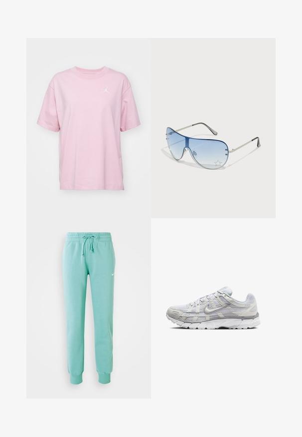 Jordan TEE CORE 23 - Základné tričko - pink glaze/white; Mentolové tepláky s elastickým pásom, šnúrkou na stiahnutie a rebrovanými manžetami. Na ľavom stehne sa nachádza malé biele logo Nike.; Svetlo šedé športové topánky s vrchom z ďalekého a syntetického materiálu, so šnurovacím uzáverom, polstrovaným golierom a štruktúrovanou podrážkou pre lepšiu priľnavosť.; Pilotné slnečné okuliare s prechodovým modrým sklom, strieborným kovovým rámom a ozdobnými hviezdičkovými akcentmi na sklách. Hladký a elegantný dizajn.