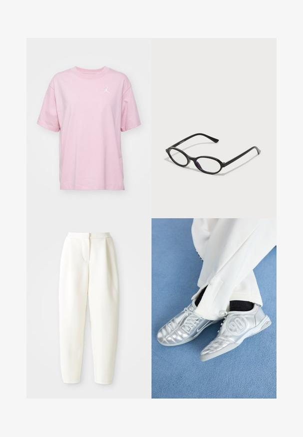 Jordan TEE CORE 23 - Lihtne T-särk - pink glaze/white; Kõrge vöökoht ja kitsenevad valged püksid peidetud esiklõike ja küljetaskutega, esitlemine lihtsa valge tausta ees.; Hõbedased spordijalatsid, millel on sile ja läikiv pind, eristuvad õmmeldud mustriga ning külje peal on number 90, millele on lisatud valged püksid.; Must kärgpruunid raamiga prillid, millel on läbipaistvad lilla aktsendid läätsedel. Raamid on mattviimistlusega ja õhukesed, sirged tempels.