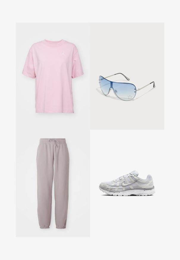 Jordan TEE CORE 23 - Basic T-shirt - pink glaze/white; Light mauve fleece sweatpants with elastic waistband, drawstring, side pockets, and elastic cuffs, shown flat against a white background.; Light gray athletic shoes with a mesh and synthetic upper, featuring a lace closure, padded collar, and textured sole for grip.; Aviator sunglasses featuring a gradient blue lens, silver metal frame, and decorative star accents on the lens. Smooth and sleek design.