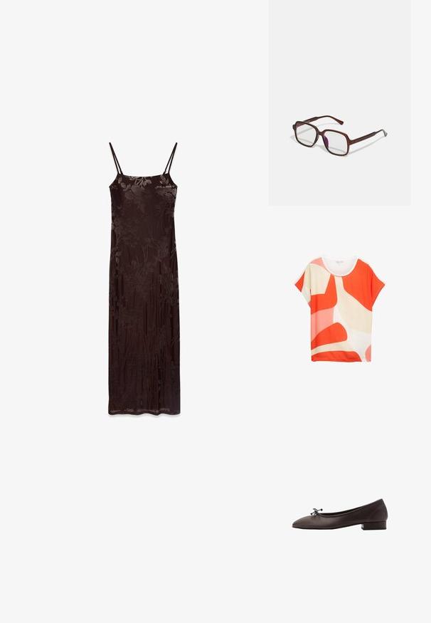 Haut à manches courtes lumineux présentant des motifs abstraits en orange, rose et crème. Tissu doux avec un col rond et une coupe décontractée.; Robe longue sans manches en tissu marron foncé avec un motif floral. Dotée de fines bretelles et d'une silhouette ajustée, texture lisse et design fluide.; Ballerines en cuir brun avec un bout rond et un petit talon carré. Présentent un fin nœud à l'avant et des détails de couture subtils.; Lunettes rectangulaires marron avec des verres transparents et des nuances violacées. Monture en plastique lisse avec des branches droites et des accents subtils.; Bague dorée avec un anneau lisse et arrondi, ornée de cinq étoiles, chacune sertie de pierres précieuses colorées en rose, vert et bleu.