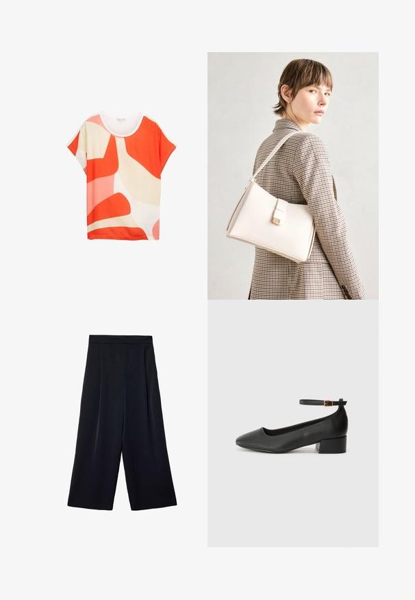 Haut à manches courtes lumineux présentant des motifs abstraits en orange, rose et crème. Tissu doux avec un col rond et une coupe décontractée.; Pantalons noirs à jambes larges en tissu léger. Présentent un devant plissé, une taille haute et une coupe ample autour des jambes.; Escarpin en cuir noir avec un bout pointu et un petit talon bloc. Doté d'une bride de cheville avec une boucle dorée. Texture lisse.; Sac à main en cuir blanc au design structuré, doté d'un fermoir magnétique et d'une bandoulière, présenté sur un fond neutre.