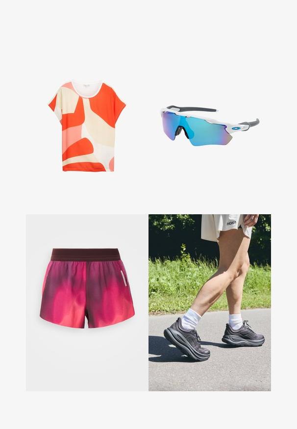 Bright short-sleeve top featuring abstract patterns in orange, pink, and cream. Soft fabric with a rounded neckline and relaxed fit.; Pink and purple gradient athletic shorts with an elastic waistband, smooth texture, and a tag on the side. Shorts have a relaxed fit.; Black athletic shoes with textured fabric, thick cushioned soles, and laces, paired with white socks and a light beige garment.; Sunglasses with a white frame, gray accents, and blue mirrored lenses. Sporty design, wraparound shape, and adjustable nose pads.