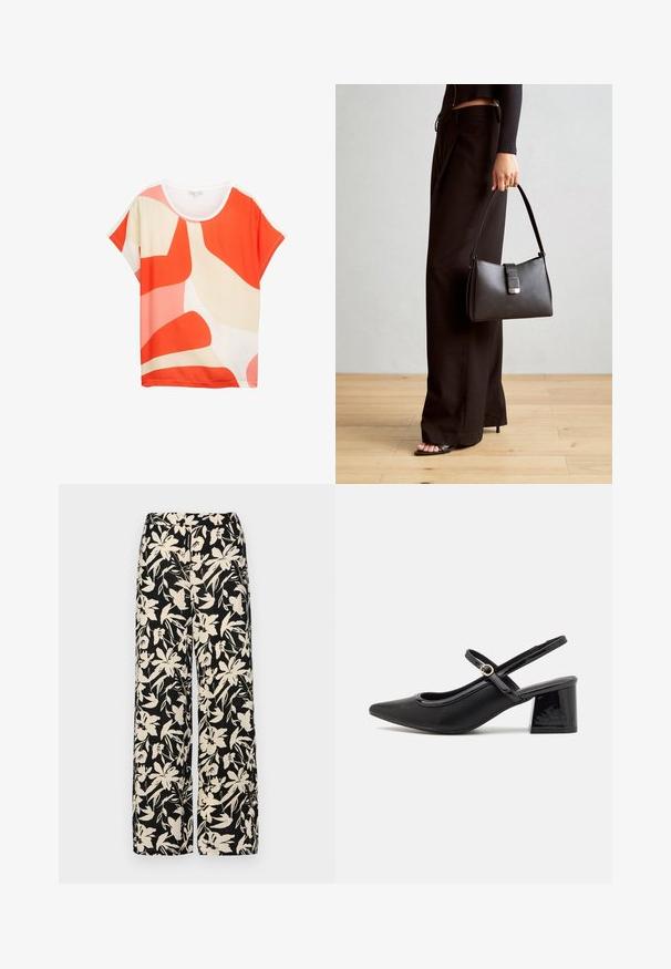 Ljus kortärmad topp med abstrakta mönster i orange, rosa och grädde. Mjuk tyg kramar en rundad halsringning och avslappnad passform.; Svarta vida byxor med ett krämfärgat blommönster. Tillverkade av lättviktig tyg med en slät yta och hög midja.; Svarta lackläder slingback-klackar med spetsig tå, en rundad utskärning och en blockklack. Utsmyckad med en spänne i guldton.; Svart handväska med strukturerad form, slät yta och metallspänne. Matchad med vida svarta byxor och sandaler med öppen tå på trägolv.