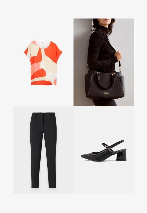 Šviesi trumpa rankovė viršutinė dalis su abstrakčiais raštais oranžinės, rožinės ir grietinėlės spalvų. Minkšta medžiaga su apvaliu iškirpimu ir laisvu siluetu.; Juodos prigludusios kelnės iš lygaus audinio, su klasikiniu juosmeniu, priekiu užtrauktuku ir šoninėmis kišenėmis, turinčios elegantišką, pritaikytą išvaizdą.; Juodi patentinio odos slingback aukštakulniai su smailiu pirštu, apvaliu išpjovimu ir blokiniu kulnu. Papuošti auksiniu juostos akcentu.; Juodas rankinės maišelis su struktūrizuota paviršiumi, dvigubais viršutiniais rankenėlėmis ir reguliuojamu peties diržu. Įrengtas aukso spalvos furnitūra ir šoninės kišenės.