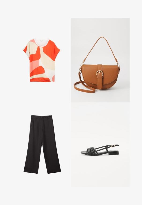 Svetlá krátkopytová blúzka s abstraktnými vzormi v oranžovej, ružovej a krémovej farbe. Mäkká látka s okrúhlym výstrihom a voľným strihom.; Čierne široké nohavice vyrobené z hladkej tkaniny, so zipsom vpredu a dvoma bočnými vreckami, s prispôsobeným strihom a minimalistickým dizajnom.; Čierne ploché sandále so šnurovacím dizajnom, obsahujúce viaceré kožené pásiky a tenký remienok na členku. Podrážka je plochá a obdĺžniková.; Hnedá kožená kabelka cez telo s zakriveným tvarom, zlatými kovovými doplnkami a akcentom s prackou. Obsahuje odnímateľný ramenný popruh.