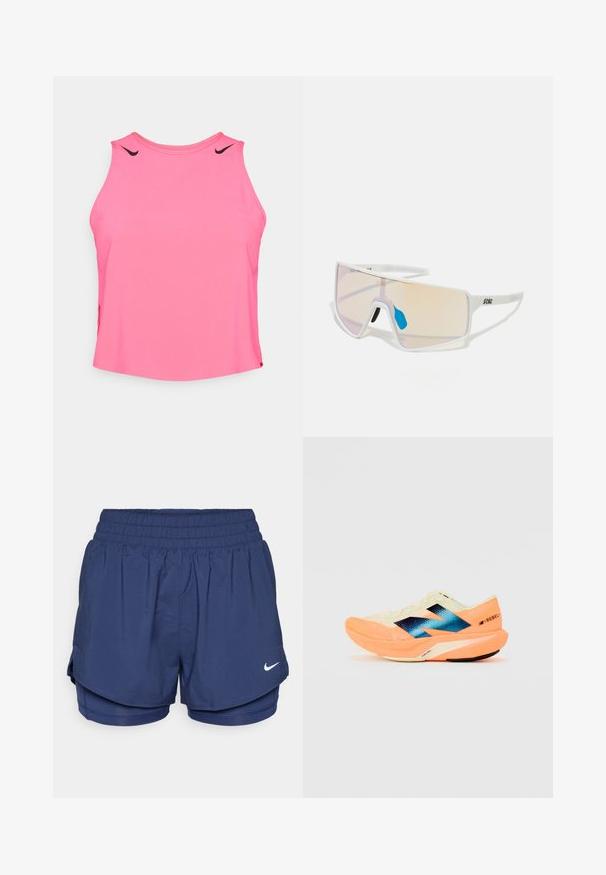 Roze mouwloze sporttop, zachte stof, ronde halslijn, met zwarte Nike swoosh accenten op de schouders, relaxte pasvorm.; Marineblauwe sportshorts met dubbele laag, voorzien van een elastische tailleband en het witte Nike swoosh-logo op de rechtervoorkant.; Hardloopschoen met een lichtgewicht crèmekleurige bovenkant, blauwe branding en oranje accenten op de zool. Mesh textuur voor ademend vermogen.; Witte, omrande zonnebril met grote, gradient glazen die een tint van roze naar lichtoranje hebben, aangevuld met een blauwe neussteun en logo-details.